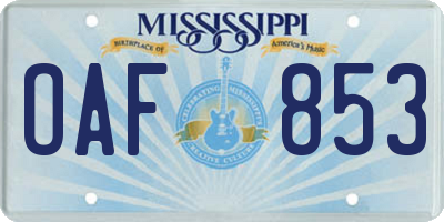 MS license plate OAF853