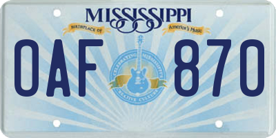 MS license plate OAF870