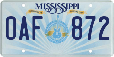 MS license plate OAF872