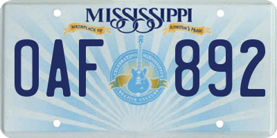 MS license plate OAF892