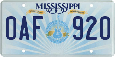 MS license plate OAF920