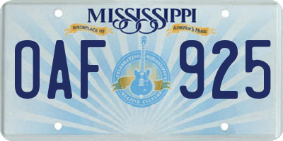 MS license plate OAF925