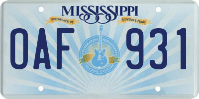 MS license plate OAF931