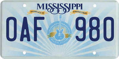MS license plate OAF980