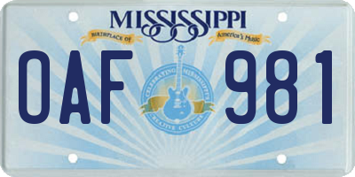 MS license plate OAF981