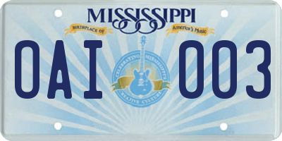 MS license plate OAI003
