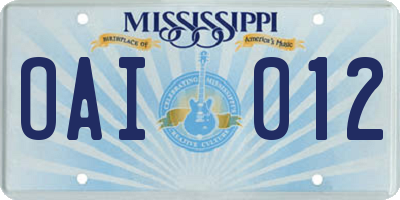 MS license plate OAI012