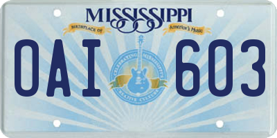 MS license plate OAI603