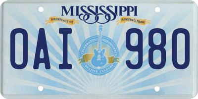 MS license plate OAI980