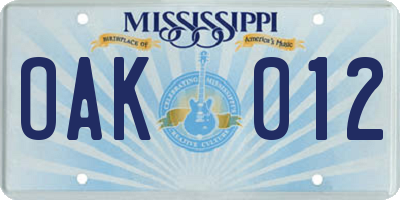 MS license plate OAK012