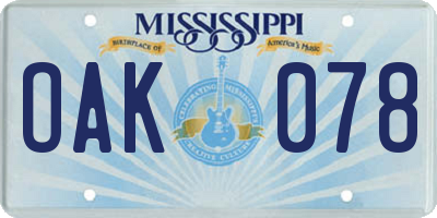 MS license plate OAK078