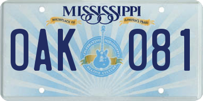 MS license plate OAK081