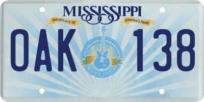 MS license plate OAK138