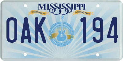 MS license plate OAK194