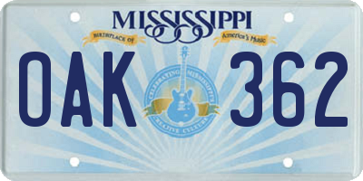 MS license plate OAK362