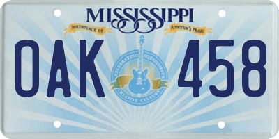 MS license plate OAK458