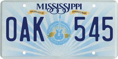 MS license plate OAK545