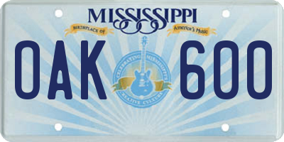 MS license plate OAK600