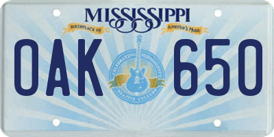 MS license plate OAK650