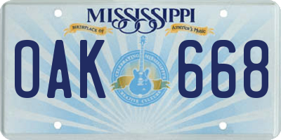 MS license plate OAK668