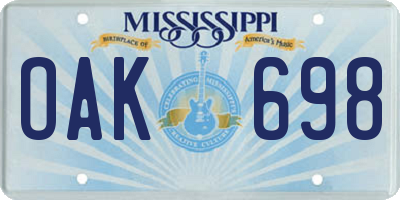MS license plate OAK698
