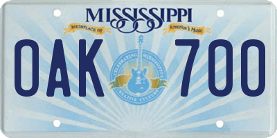 MS license plate OAK700