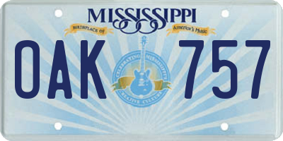 MS license plate OAK757