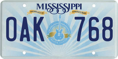 MS license plate OAK768