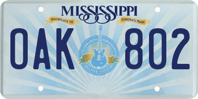 MS license plate OAK802