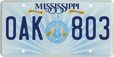 MS license plate OAK803
