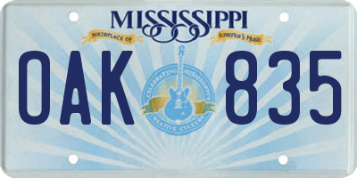 MS license plate OAK835