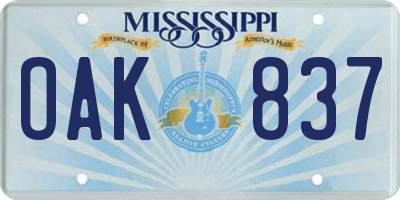 MS license plate OAK837