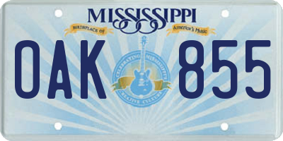 MS license plate OAK855