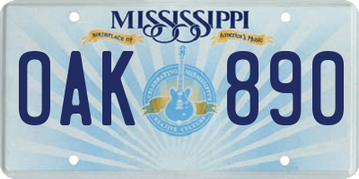 MS license plate OAK890