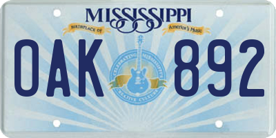 MS license plate OAK892