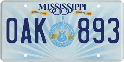 MS license plate OAK893