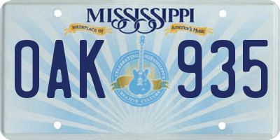 MS license plate OAK935