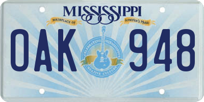 MS license plate OAK948