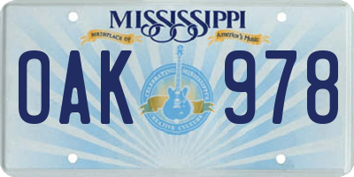 MS license plate OAK978