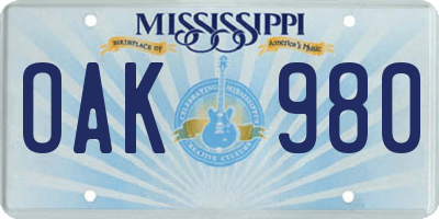 MS license plate OAK980