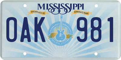 MS license plate OAK981