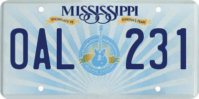 MS license plate OAL231