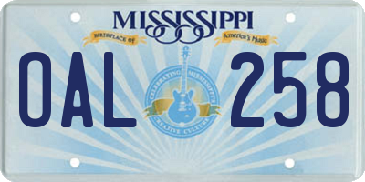 MS license plate OAL258