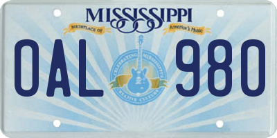 MS license plate OAL980