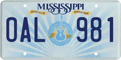 MS license plate OAL981
