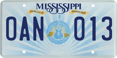 MS license plate OAN013