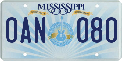 MS license plate OAN080