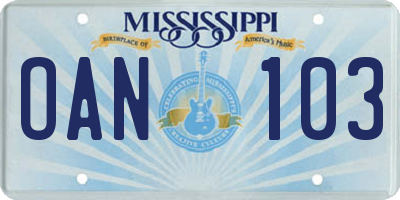MS license plate OAN103