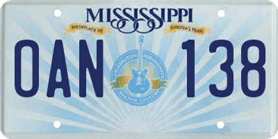 MS license plate OAN138