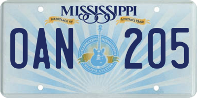 MS license plate OAN205
